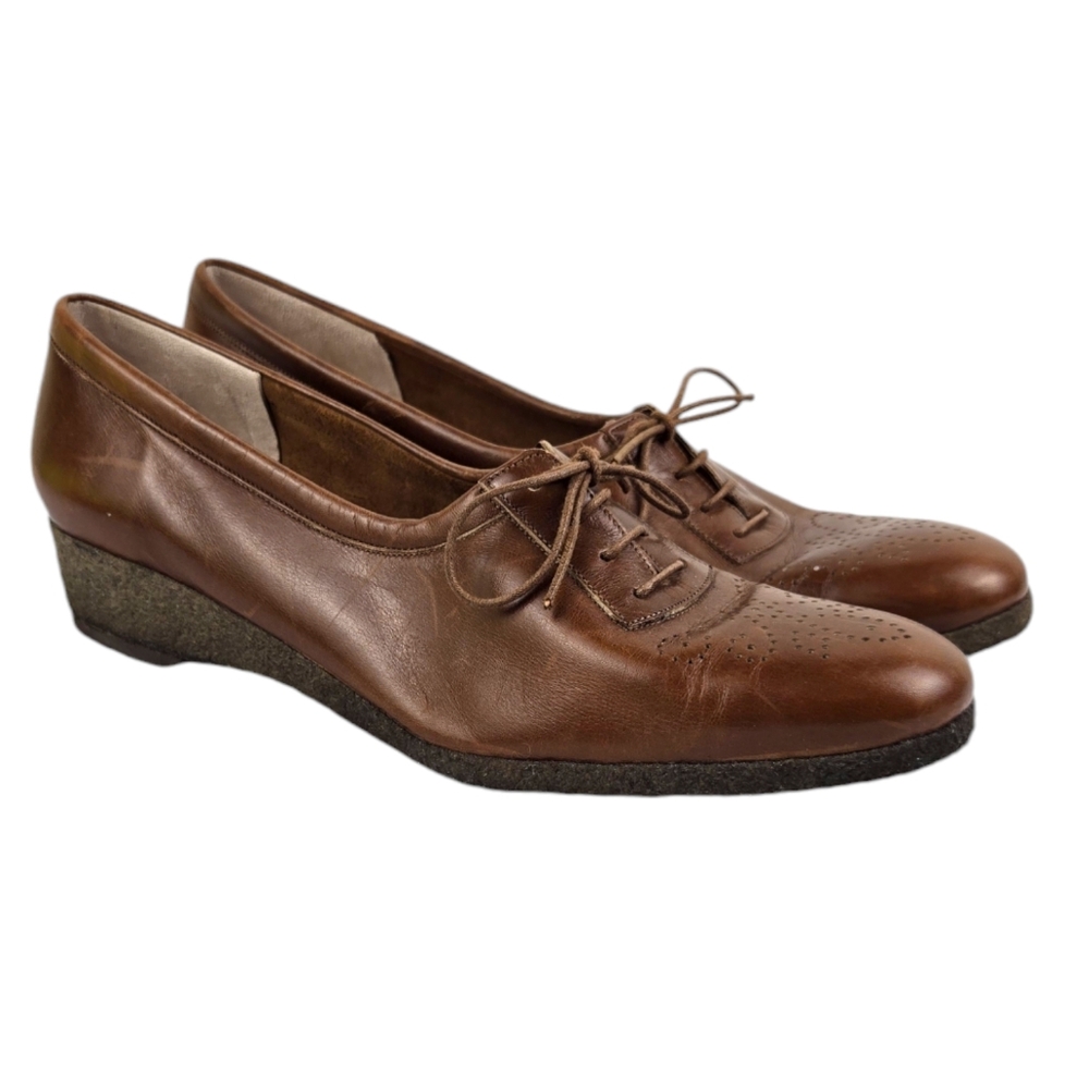Salvatore Ferragamo 70's 80's Cognac Oxford Wedges 8 Vintage